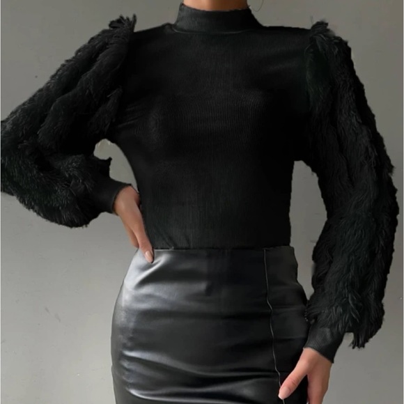 Cozy Faux Fur Fuzzy Long Puff Cuff Sleeve Mock Neck Top Blouse Shirt Black - Picture 3 of 16
